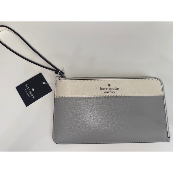 kate spade Handbags - Kate Spade Lucy Medium L-Zip Wristlet Saffiano Leather Colorblock Grey White